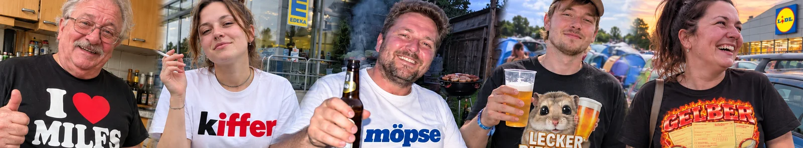 Leute in Fremdscharm-Shirts: I love MILFs, Kiffer, Möpse, Lecker Bierchen und Gelber Schein